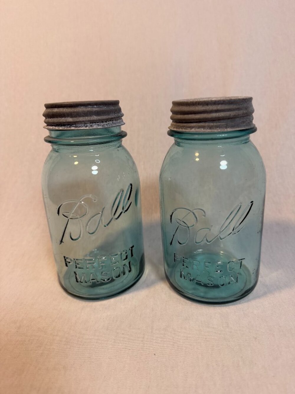 Vintage Ball Perfect Mason Blue Jars Zinc Lids Milk Glass Inserts Set of 2